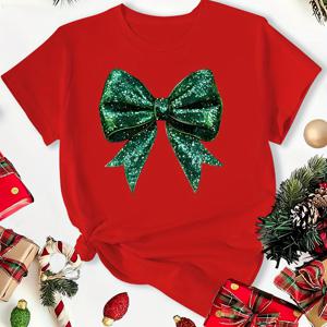 TEMU 여성용 반팔 크리스마스 티셔츠 (녹색, 반짝이는 스팽글 리본 프린트, 라운드넥, 캐주얼 여름 스타일). 출퇴근, 휴가, 일상복으로 패셔너블하며, 다양한 색상과 사이즈 (S-XXL)로 제공됩니다.