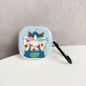 TEMU S5162 페인트 파우더 블루 물고기 고양이 패턴 이어폰 케이스 - 삼성 갤럭시 버즈2/프로/갤럭시 버즈 라이브/FE 이어폰 케이스, 갤럭시 버즈2프로 보호 케이스, FE 이어폰 보호 케이스, 라이브 소프트 케이스, 갤럭시 버즈 프로 이어폰 케이스