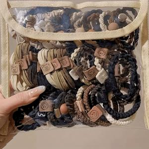 TEMU 20개 세트 달콤하고 귀여운 헤어 타이 - 하트 & 잎 컷아웃, 비즈, 리본, 투명 포장이 있는 고탄력 소프트 헤어 밴드 - 파스텔 & 중성색 (베이지, 브라운, 블랙, 화이트, 핑크, 브라운톤) - 내구성과 유연성이 뛰어난 헤어 액세서리 - 여성, 청소년용 - 땋은 머리, 번, 일상 사용에 이상적인 대량 헤어 밴드 세트