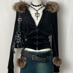 TEMU 여성용 블랙 인조 모피 후드 스웨터 재킷 - 슬림핏 지퍼업 코트, 플러시 칼라, 우아한 가을/겨울 아우터, 캐주얼에서 포멀까지 다용도, 겨울 의류, 스타일리시 지퍼업, 튼튼한 원단, 패션 애호가