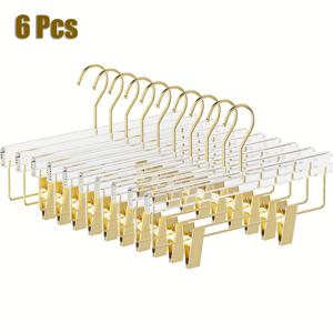 TEMU 5/6/10개입 골든 아크릴 옷걸이, 투명 옷걸이에 골든 후크, 고급스러운 스커트 바지 옷걸이 골든 클립 의류 옷장 보관용, 드레스, 웨딩 드레스, 정장 옷걸이; 클립 자국 방지 플라스틱 보호|바지걸이