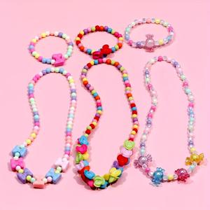 TEMU 6개 세트 소녀용 귀여운 매력 팔찌와 목걸이 세트, 리본, 꽃 & 구슬 디자인, 축제 파티 생일 선물용, 랜덤 컬러, 청소년용