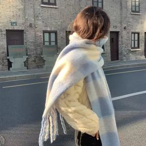 TEMU 새로운 가을/겨울 블루 앤 화이트 체크 스카프, 커플을 위한 스타일리시한 숄