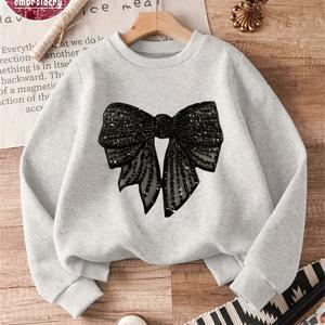 TEMU 여아용 포근한 기모 안감 크루넥 스웨트셔츠, 반짝이는 리본 프린트 - 캐주얼 긴소매 풀오버, 회색, 루즈핏, 가을/겨울에 완벽, 데일리 아동복, 데일리 아동 웨어 | 반짝이는 리본 디자인 | 부드러운 기모 원단
