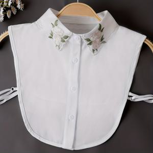 TEMU 여성용 우아한 플로럴 자수 칼라 블라우스 - 탈부 가능 하프 셔츠, 러플 소매, 주름 방지 원단, 세탁기 사용 가능, 스웨터 & 셔츠 겸용 레이어링 아이템, 플로럴 블라우스, 스웨터 액세서리, 장식 칼라