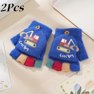 TEMU 귀여운 굴삭기 디자인의 겨울용 소형 장갑 2개입, 따뜻한 두꺼운 반장갑 - 야외 및 방풍용으로 적합.
