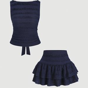 TEMU 여성 솔리드 컬러 러플 민소매 탑 & 미니 스커트 세트 | 크루넥, 리본 장식, 올 시즌