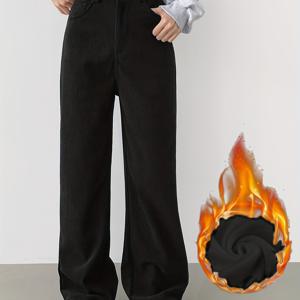 TEMU 여성용 두꺼운 겨울용 하이웨이스트 와이드/ 레그 팬츠 (코듀로이 변환 가능) - 따뜻한 셔닐 소재, 가을/겨울용, 손세탁 가능한 캐주얼 & 드레스 팬츠|여성원피스|냉장고바지|바지