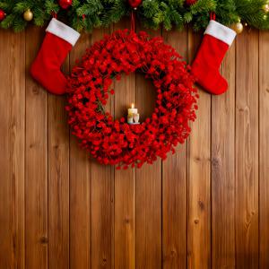 TEMU 1개 클래식 크리스마스 리스, 13.77인치 벽걸이 장식, 현관문, 벽난로용, 전기 불필요, 전통 리스, 우아한 디자인, 내구성 있는 리스, 크리스마스 선물 장식 - 인조 꽃, 벽난로 장식,축제 디자인,플라스틱 화환,오래 지속되는 장식