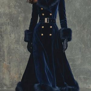 TEMU 여성용 우아한 빈티지 네이비 블루 따뜻한 코트 | 더블 브레스티드 롱 코트, 플러시 칼라, 허리 강조 핏|빈티지