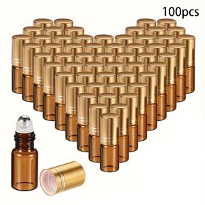 TEMU 아멜라스 유리 롤러 병 100개입, 각 2ml/3ml, 에센셜 오일용으로 디자인, 골드 캡 포함, 오프너 1개, 홀퍼 1개, 스포이드 1개 포함.