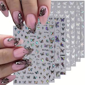 TEMU 8 시트 나비 3D 자체 접착 네일 아트 스티커, 여성용 반짝 이는 반짝이 데칼, 홀로그램 레이저 반짝이 디자인, DIY 매니큐어 장식을위한 호일 나비 매력, 자체 접착 네일 아트 용품