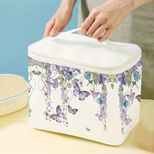 TEMU 나비 프린트가 있는 비식품 접촉 재사용 가능한 보온 도시락 가방 - 청소년 및 성인용 손 세척 폴리에스터 열전도 가방, 학교 및 직장에 이상적
