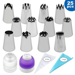 TEMU 25개 아이싱 파이핑 팁 세트, (대형 스테인리스 스틸 파이핑 팁 12개, 재사용 가능한 파이핑 백 1개, 일회용 파이핑 백 10개, 단색 컨버터 1개, 3색 크림 컨버터 1개 포함), 쿠키 압출 노즐, 컵케이크 장식 파이핑 팁