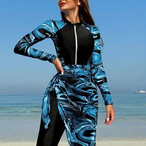 TEMU YIYUNQING 여성용 블랙 & 화이트 마블 프린트 수영복, 시어 메쉬 스커트 - 하이 스트레치 풀 바디 수영복, 지퍼 디테일, 해변 또는 수영장용 캐주얼 스타일, 하이 웨이스트 수영복, 풀사이드 복장, 슬림한 수영복, 고탄성 원단