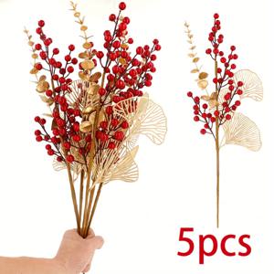 TEMU 21.6인치 레드 인공 베리 줄기 5개 세트 - 골든 유칼립투스 & 연잎 포함, 명절, 설날, 춘절 장식용