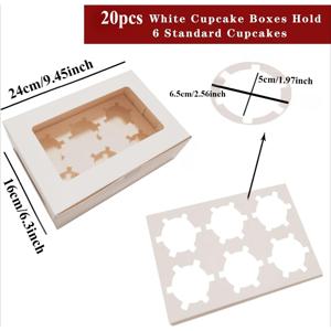 TEMU 컵케이크 박스 20개 세트, 표준 사이즈 컵케이크 6개 수납 가능, 식품용 흰색 케이크 캐리어 컨테이너, 컵케이크 머핀 쿠키 페이스트리 보관에 적합