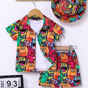TEMU 소년용 3피스 여름 캐주얼 의상: 생동감 넘치는 만화 프린트 반팔 셔츠, 매칭 쇼츠 & 휴대용 모자 세트 - 가벼우면서 휴대가 편리한 폴리에스테르, 야외 활동 및 캐주얼 의상에 이상적, 야외 청소년 의류|생동감 넘치는 청소년 세트|가벼운 원단, 소년 옷, 야외 활동에 완벽|반바지|여름모자|반팔셔츠