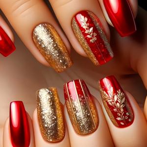 TEMU 24개 발레 스타일 인조 손톱 세트, 황금색으로 빛나는 , 고급스러운 금색 장식, 우아하고 눈부신, 금색 가지와 옥잠잎, 모든 여성에게 적합. 박스에는 손톱 파일과 간편한 부착 및 착용을 위한 젤리 글루가 포함되어 있습니다.