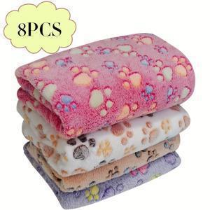 TEMU 강아지, 고양이 겸용 부드러운 플란넬 애완견 담요 8개 세트 - 부드러운 폴리에스터 섬유로 제작, 세탁기 사용 가능, 귀여운 발자국 디자인, 소형견부터 대형견까지 적합, 모든 휴일에 선물용으로 완벽.