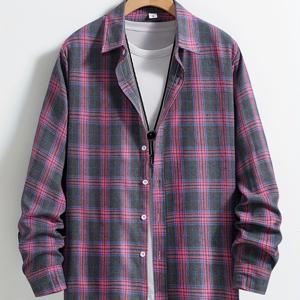 TEMU 남성용 소프트 브러시드 체크무늬 캐주얼 긴팔 셔츠 - 클래식 버튼업 칼라, 신축성이 없는 폴리에스터 원단, 핑크 & 블랙 체크 디자인, 세탁기 사용 가능, 편안한 착용감