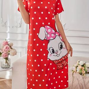 TEMU 여성용 귀여운 토끼 & 도트 프린트 반팔 나이트가운 - 레드와 화이트 도트, 루즈핏 라운드넥 슬립셔츠, 세탁기 사용 가능 사계절 편안함, 미디엄 길이 라운지 드레스, 편안한 잠옷, 재미있는 디자인, 홈 릴랙세이션, 쉬운 관리 원단, 홈 컴포트웨어