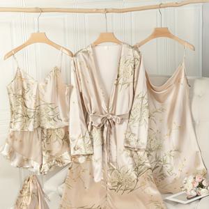 TEMU 샤넬 컬러의 프린트된 작은 체리 패턴이 있는 5개 세트의 홈웨어 세트, 경량 파자마, 로브, 반바지, 캐미솔 드레스 포함.