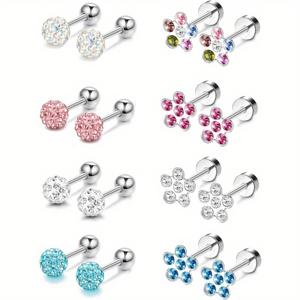TEMU 여성용 컬러풀 CZ 꽃 스터드 귀걸이 8쌍 세트 - 스테인리스 스틸, 나사식 디자인, 트라거스 및 연골 피어싱 - 생일, 어머니날 및 캐주얼 의상에 완벽한 선물, 일상 주얼리 | Y2K 패션 | 내구성 있는 보석|피어싱