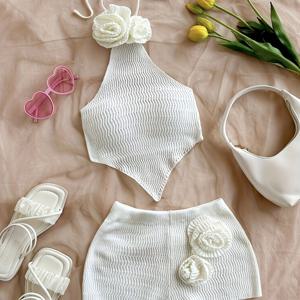 TEMU 핸드메이드 3D 플로럴 홀터넥 베스트 + 삼각 스카프, 섹시 백리스 벨리 밴드 탑 + 울트라 숏 쇼츠 여름 섹시 휴가 스타일 패브릭 투피스 세트, 여름 솔스티스