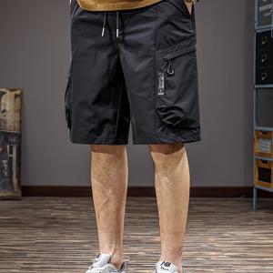 TEMU 남성용 캐주얼 카고 반바지 - 탄력 있는 드로스트링 허리, 미드라이즈, 다중 지퍼 포켓 & 레터 패턴, 내구성 있는 논스텍 원단, 아웃도어 하이킹 및 캐주얼 웨어, 여행복, 스트릿웨어 스타일, 튼튼한 구조, 여름 옷장