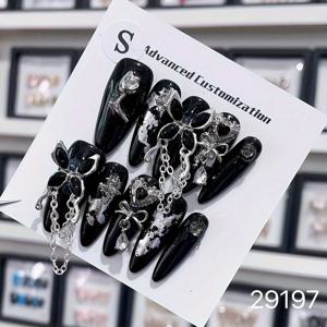 TEMU 핸드메이드 착용 가능한 네일 10개 세트, 헤비 크래프트 물방울 모양 다크 메탈릭 마감 블랙 탈착식 인조네일, 스위트 쿨 다크 스타일 블랙 & 실버 컬러 3D 액세서리