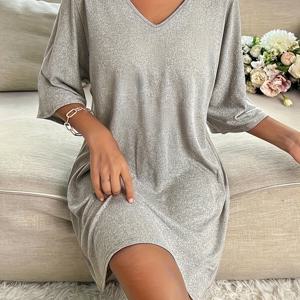 TEMU 여성용 캐주얼 V넥 반팔 슬립드레스 - 루즈핏 기계 세탁 가능 라운지 나이트가운, 솔리드 컬러 사계절 편안함, 홈 & 휴식용, 부드러운 질감의 릴랙스 핏 가운