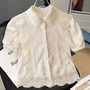 TEMU 여성용 방향성 펀드 단색 레이스 스탠드 칼라 할로우 반팔 셔츠|반팔블라우스