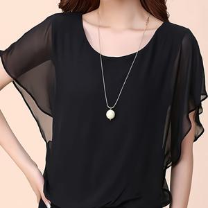 TEMU 여성용 여름 캐주얼 반팔 셔츠 - 통기성 메쉬 라운드넥 블라우스, 중간 신축성, 사무실 및 캐주얼 착용에 적합한 솔리드 블랙, 가벼운 탑, 매력적인 실루엣, 편안한 핏