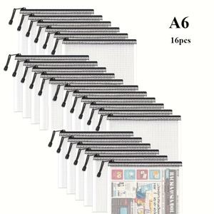 TEMU 16팩 A6 방수 지퍼백 - 흰색 라벨이 있는 블랙 메쉬 문서 정리함 및 스파이럴 바인딩, 공예 용품, 여행용 화장품, 사무실 및 화장품 보관용 안전한 지퍼 클로저