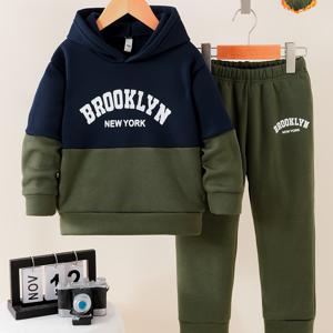 TEMU 남아용 가을 겨울 플리스 안감 후드 스웨트셔츠 네이비 + 아미 그린 투톤 긴팔 레터 프린트 따뜻하고 편안한 캐주얼 스포츠웨어 세트, 야외 활동에 완벽