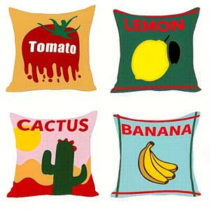 TEMU 4개 세트 모던 프루트 테마 베개커버, 18x18인치 - 바나나, 선인장, 레몬, 토마토 디자인, 초소프트 프린팅, 지퍼형, 세탁기 사용 가능 폴리에스터, 거실 소파 장식용 | 장식용 쿠션 (내부 충전재 미포함)