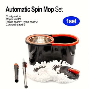 TEMU 스핀 모프와 버킷, 360° 회전형 먼지 제거 기능 일체형, 소금 물 세척 가능, 핸즈프리 세척, 미세 섬유 헤드 2개 포함, 스테인리스 스틸 손잡이, 바닥 청소용 청소 도구