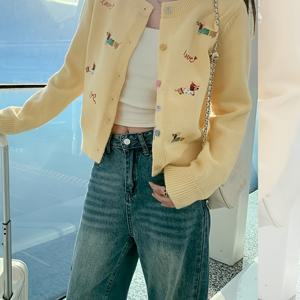 TEMU 여성용 만화 프린트 반팔 가디건, 긴소매, 귀여운 강아지 디자인 라운드넥 - 2025년 가을/겨울 신상 스타일