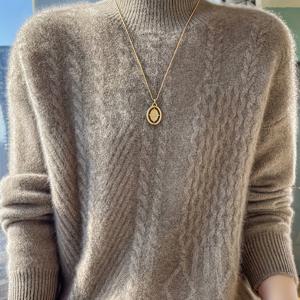 TEMU 가을 겨울 빈티지 하이넥 자카드 스웨터 여성용 루즈핏 두꺼운 우아한 솔리드 컬러 베이스 레이어