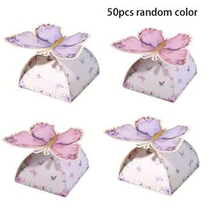 TEMU 50개 우아한 나비 리본 선물 상자 (골드 포인트) - 파스텔 핑크 & 플로럴 & 나비 디자인, 장식용 리본 보우 타이, 뚜껑이 있는 사각 종이 선물 상자 (결혼식, 생일, 파티용)