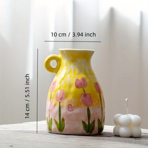 TEMU 1개 빈티지 플로랄 화병 - 노란색, 분홍 튤립, 거실용 우아한 홈 데코 센터피스, 부활절, 성 패트릭의 날 - 전기 필요 없음, 신선 또는 인공 꽃용 쉬운 세척 세라믹 플라워 홀더, 테이블탑 디스플레이, 러스틱 매력, 고품질 마감, 장식 도자기, 휴일 장식품