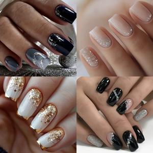 TEMU 스위트하고 쿨한 스타일의 블랙 앤 그레이 그라데이션, 불규칙한 라인, 반짝이는 풀 커버가 특징인 혼합 색상의 96개 중간 크기 인조 손톱 세트. 여성의 데일리 파티 및 네일 아트 장식에 적합합니다.