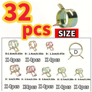 TEMU 32개 스프링 호스 클립 세트, 연료/실리콘 진공 호스 및 저압 공기 호스용 (6mm, 7mm, 8mm, 9mm, 10mm, 12mm, 14mm) - 내구성 강화 및 조절 가능한 호스 고정 솔루션