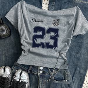 TEMU 여성용 빈티지 오프숄더 티셔츠 - 레트로 23 그래픽 탑, 슬림핏 캐주얼 셔츠 (네이비 블루 & 그레이) - 사계절 레이어링 필수 아이템, 여름 패션, 유쾌한 디자인, 고품질 스티칭, 트렌디한 블라우스, 청소년 의류, 여성용 데님 블라우스, 블랙 데님 셔츠