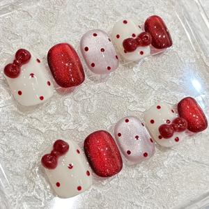 TEMU 10개 K'APEINE 수제 네일 아트 세트 - 레드 & 화이트 도트와 3D 리본 & 글리터, 여성용 귀여운 접착 네일, 짧은 타원형, 일상 매니큐어에 완벽, 축제용 네일 장식, 축제용 네일 장식 | 재미있는 네일 디자인 | 내구성 있는 네일 아트, 네일 아트 용품