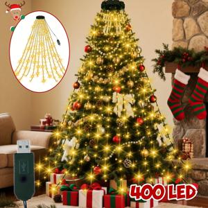 TEMU 1개입 USB 전원 요정 폭포 스트링 라이트, 8가지 모드, 220/400 LED 크리스마스 트리 조명 (푸시 버튼 제어), 실내/실외 사용을 위한 공간 절약형 디자인, 크리스마스 트리, 거실, 크리스마스 장식, 크리스마스 트리 장식