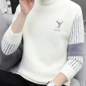 TEMU 남성용 편안한 크루 넥 스웨터 - 부드럽고 따뜻하며 스타일리시한 가을/겨울 니트 탑, 사슴 자수, 블랙 & 그레이 컬러 블록 디자인, 캐주얼 착용에 완벽, 스웨터 조끼, 두꺼운|옷