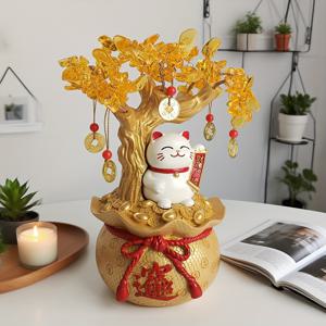 TEMU 1개 행운의 고양이 머니트리 조각상, 신규점장 오픈 이벤트용 사무실/바 , 길복 부적, 매장 인테리어, 상징물 선물, 정교한 공예품, 번영의 상징, 사업주 & 풍수 애호가를 위한