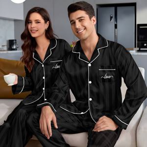 TEMU 한 세트 가격: 커플용 긴팔 프린트 파자마 세트, 블랙 오픈 프론트 버튼 상의와 긴 바지, 단품